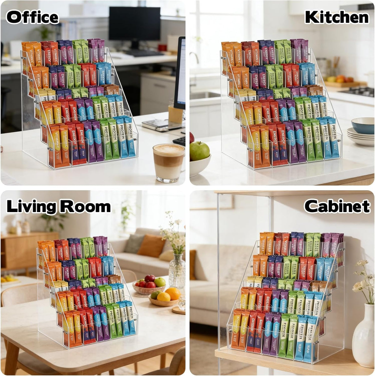Drink Packet Organizer with 25 Compartments, 5-Tier Water Packet Organizer for Water Flavor Drink Mix, Transparent Acrylic Sugar Packets Holder for Pantry Cabinet Kitchen Storage Organization