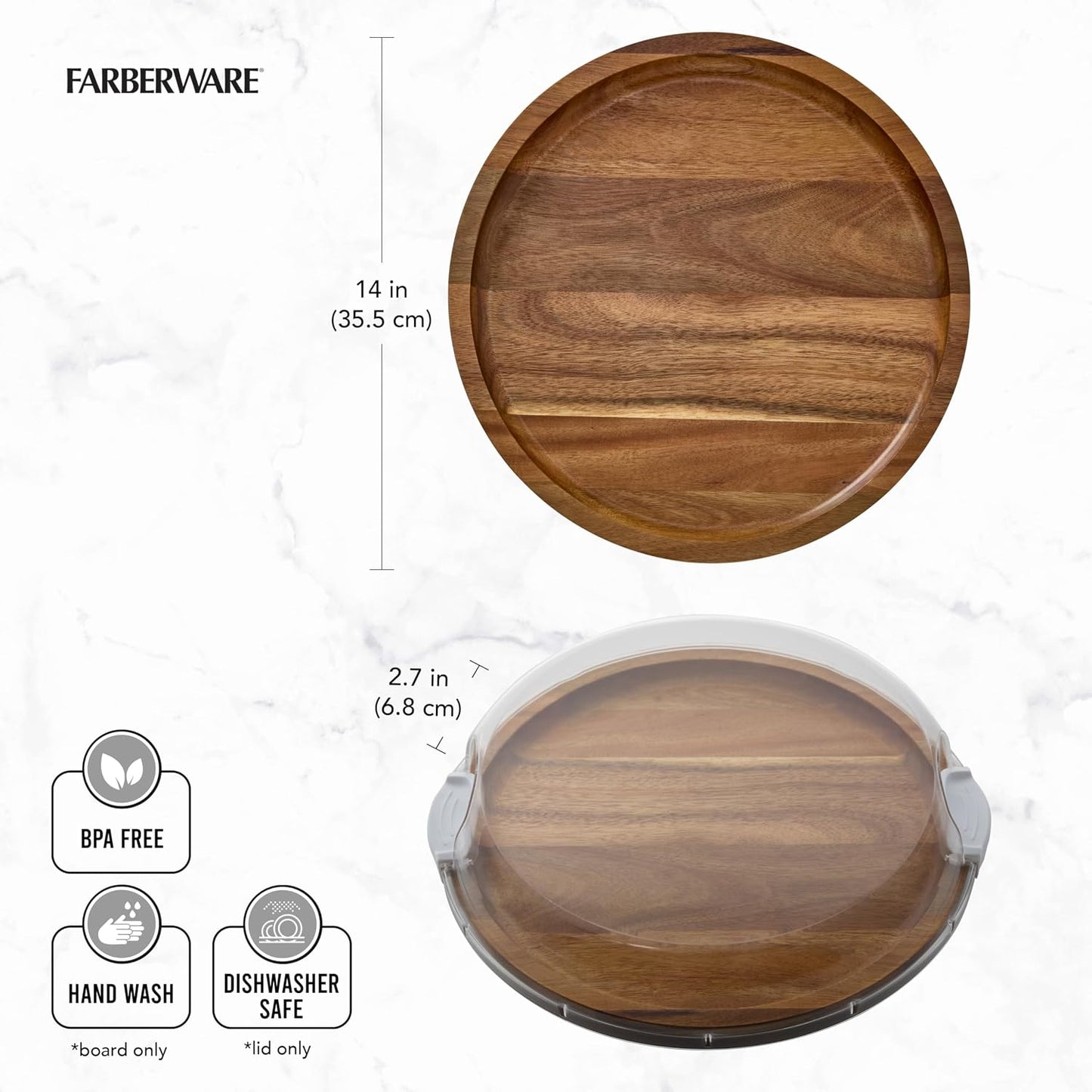 FARBERWARE Build-a-Board Cutting Board with Lazy Susan Turntable, Five Compartments, and Clear Locking Lid for Charcuterie, Snacks, and More, Acacia