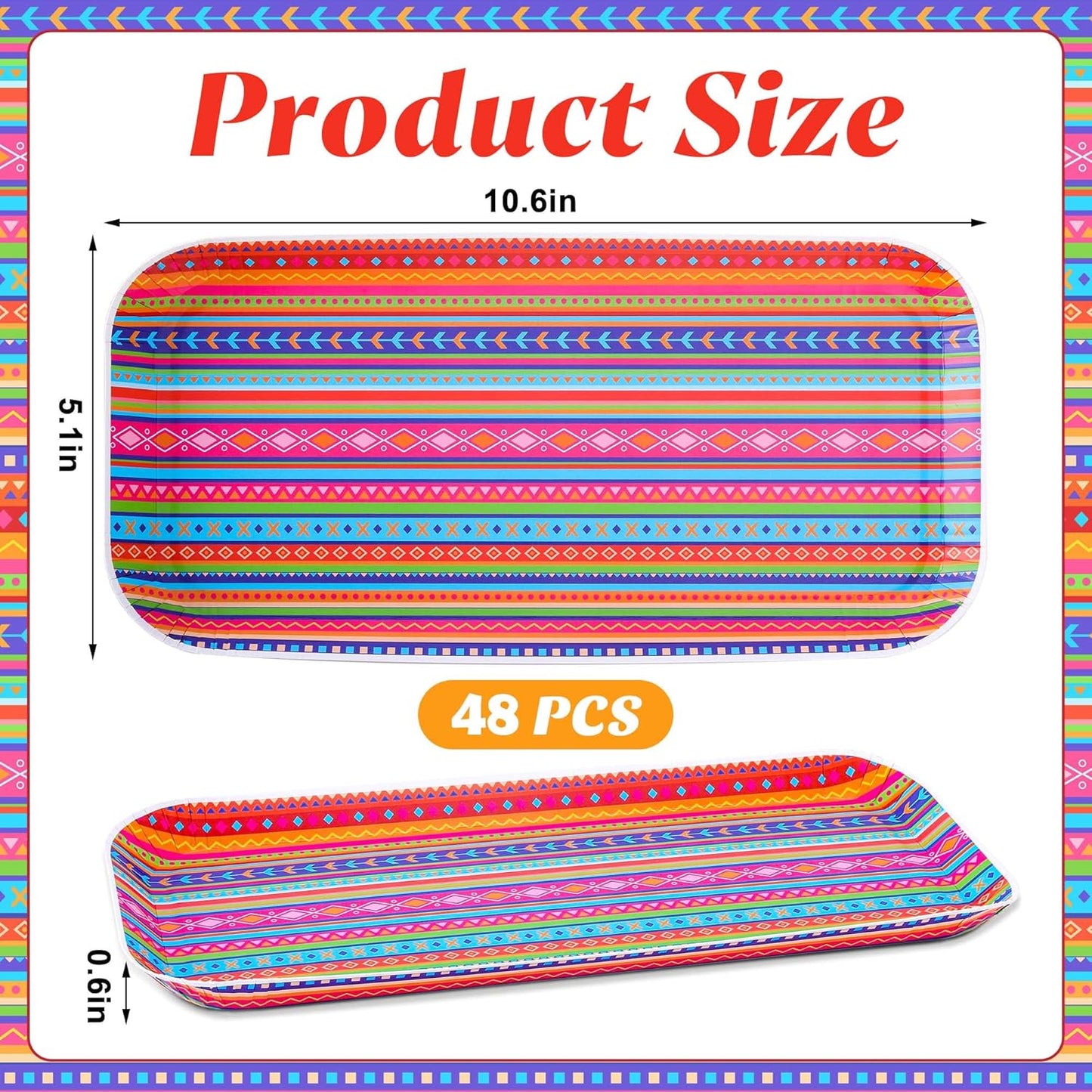 Wehhbtye 48 Pcs Mexican Food Serving Trays, Small Size 10.6'' x5'' Cinco De Mayo Paper Serving Platter, Colorful Striped Mexican Fiesta Plates for Single Taco Nacho Snack Themed Party Supplies
