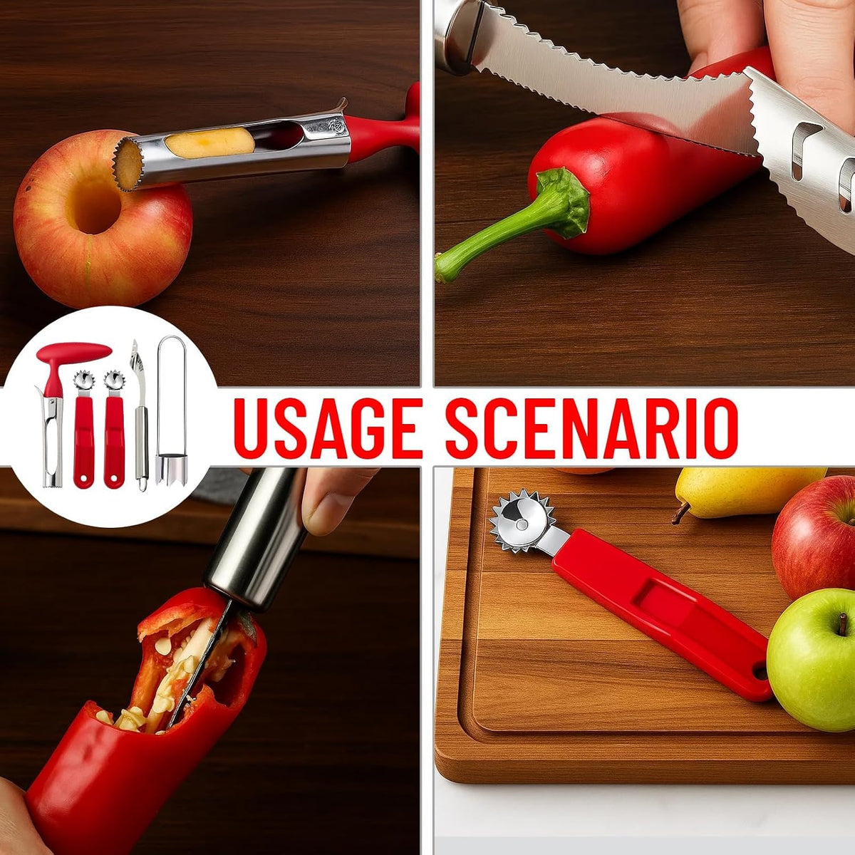 5 Pcs Tomato Tool, Apple Corer, Bell Pepper Corer, Pepper Corer Seed Remover Tool, Red and Stainless Steel Corers for Fruits and Vegetables, Easy to Use and Clean