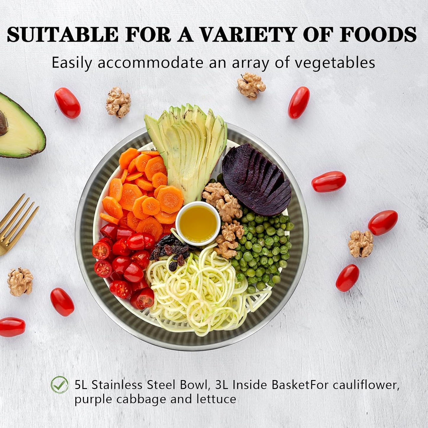 5Qt Stainless steel Salad Spinner, lettuce spinners,salad spinner BPA-Free small,Vegetable Dryer,Vegetable Washer,colander for kitchen,salad dryer spinner,fruit cleaner spinner
