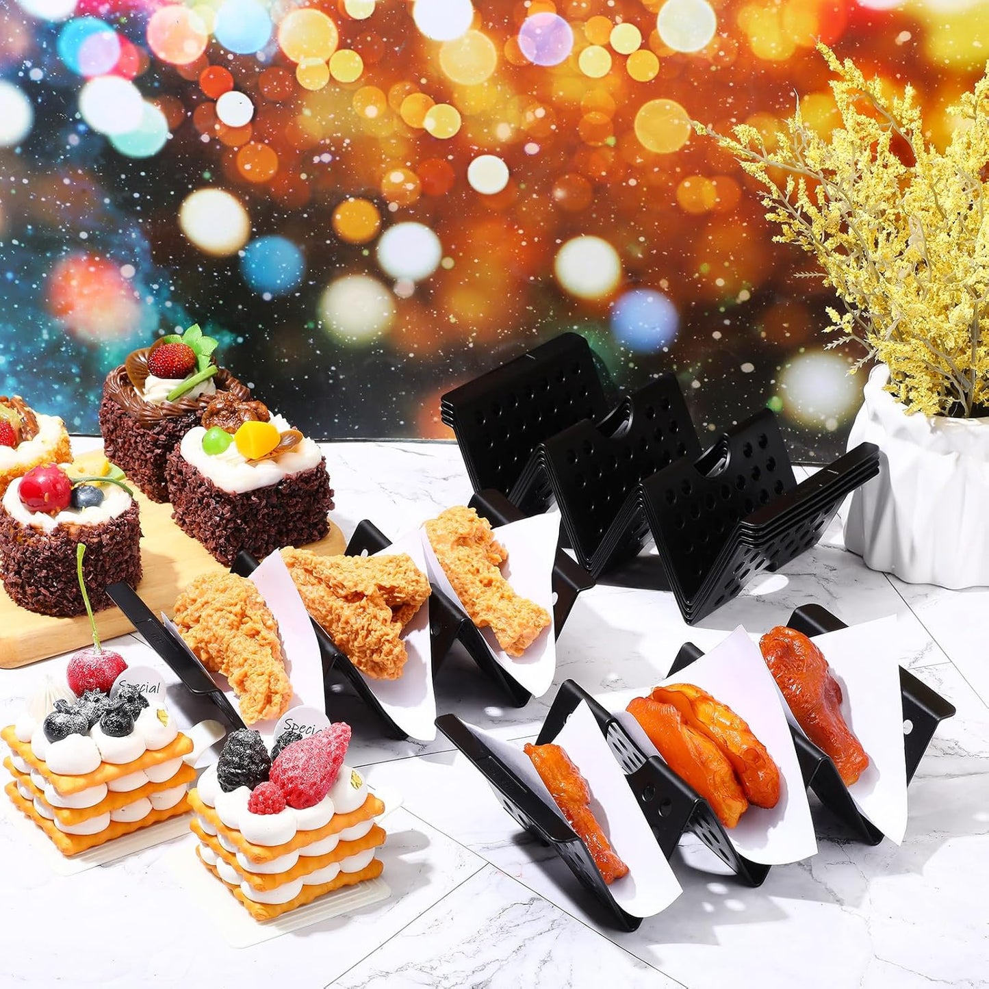 Baderke Mexico Taco Holder Stands Set of 6 Black Large Tray Plates Plastics Hollow Holder for Taco Night Tuesday Carnival Party Supplies, Dishwasher Microwave Safe