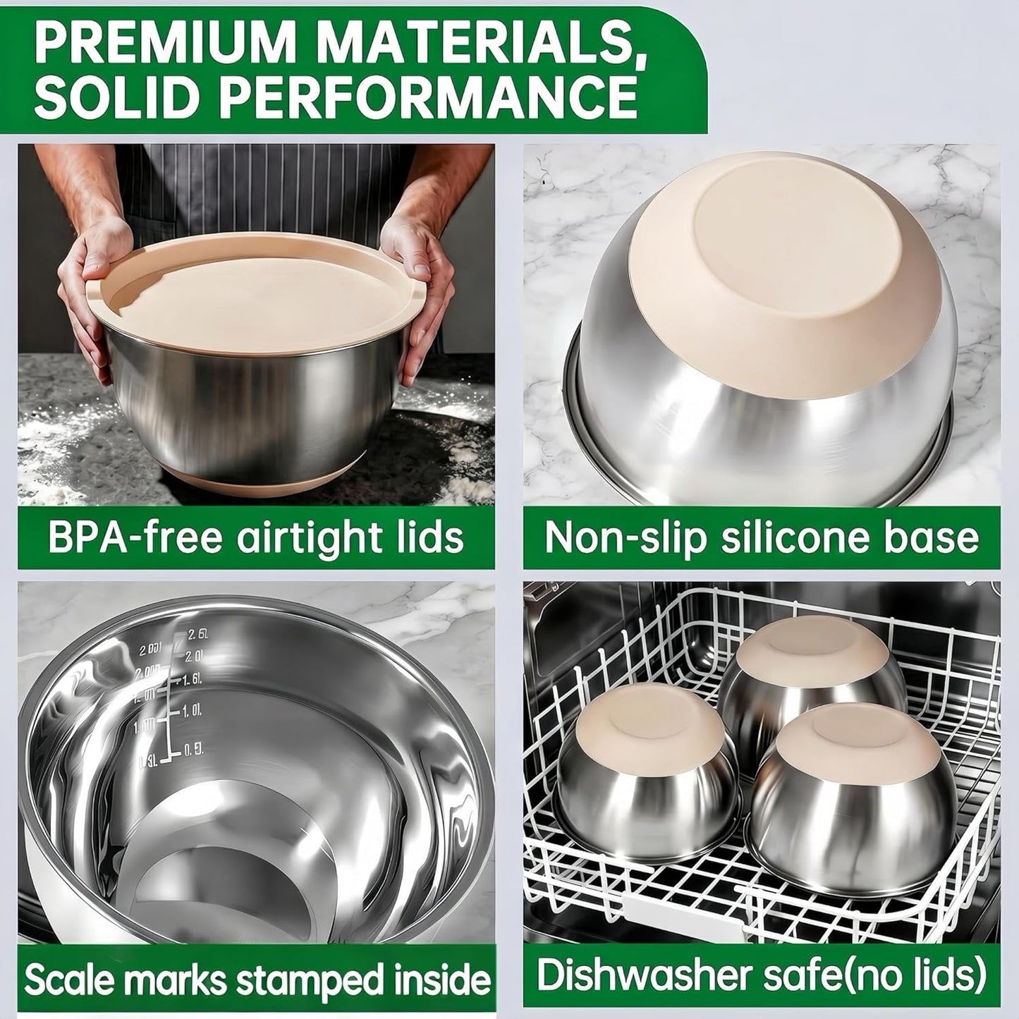 Deedro Premium Mixing Bowls with Airtight Lids Set, 22Pcs Thicker Stainless Steel Mixing Bowl Set, Large Prep Metal Bowls, Non-Slip Silicone Base Nesting Bowls for Kitchen, 1.5/2/3/4/5 QT, Black