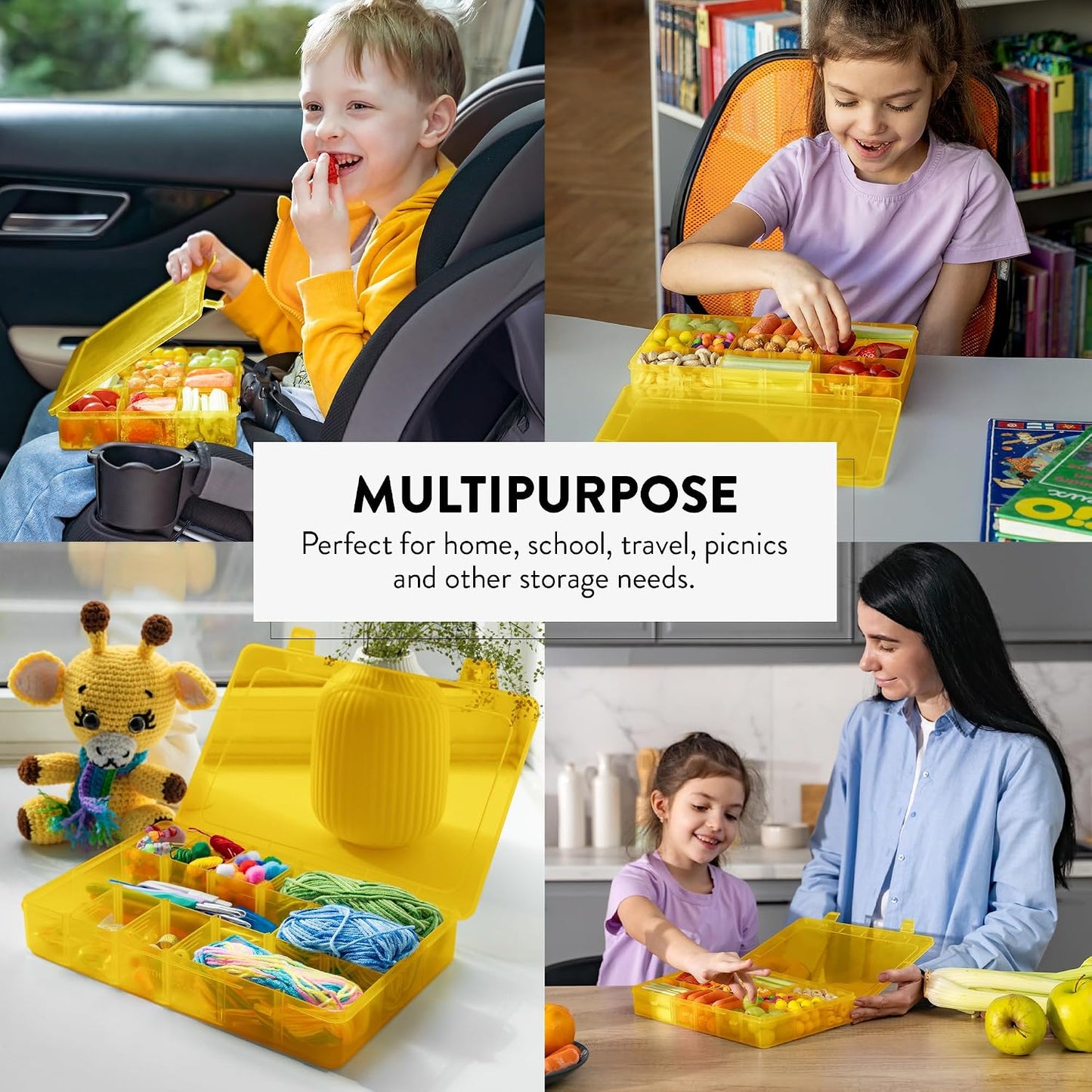 Large Kids Snack Box Containers Set of 2 -100 Labels, BPA-Free, Adjustable Compartments, Dishwasher Safe, Reusable Tray, Food Grade, Meal Prep Container, PARENT TESTED PARENT APPROVED AWARD (Clear)