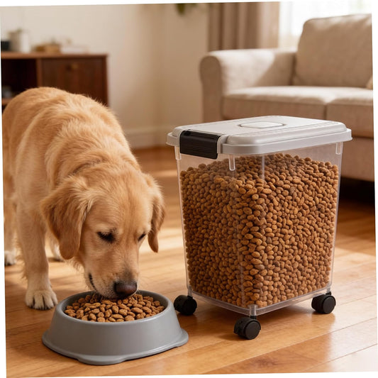 pet Food Storage containers Pet Food Storage, Airtight Seal Large Container with Lockable Wheels, Transparent Bin Gray (35lbs Rice/25lbs Flour) + Measuring Cup