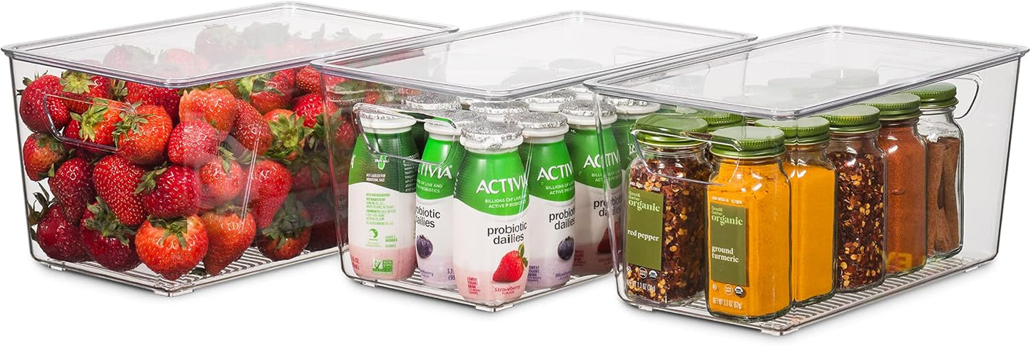Set Of 12 Refrigerator Organizer Bins with Lids - Plastic Pantry Organization and Storage Baskets - Stackable Food Fridge Organizers with Cutout Handles for Freezer, Kitchen, Countertops, Cabinets