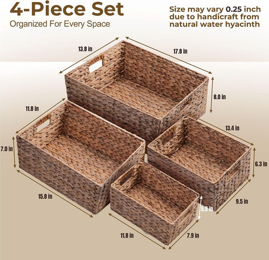 M4DECOR Set of 4 Water Hyacinth Storage Baskets for Shelves – Handwoven Wicker Baskets for Organizing, 4 Sizes (S/M/L/Jumbo)