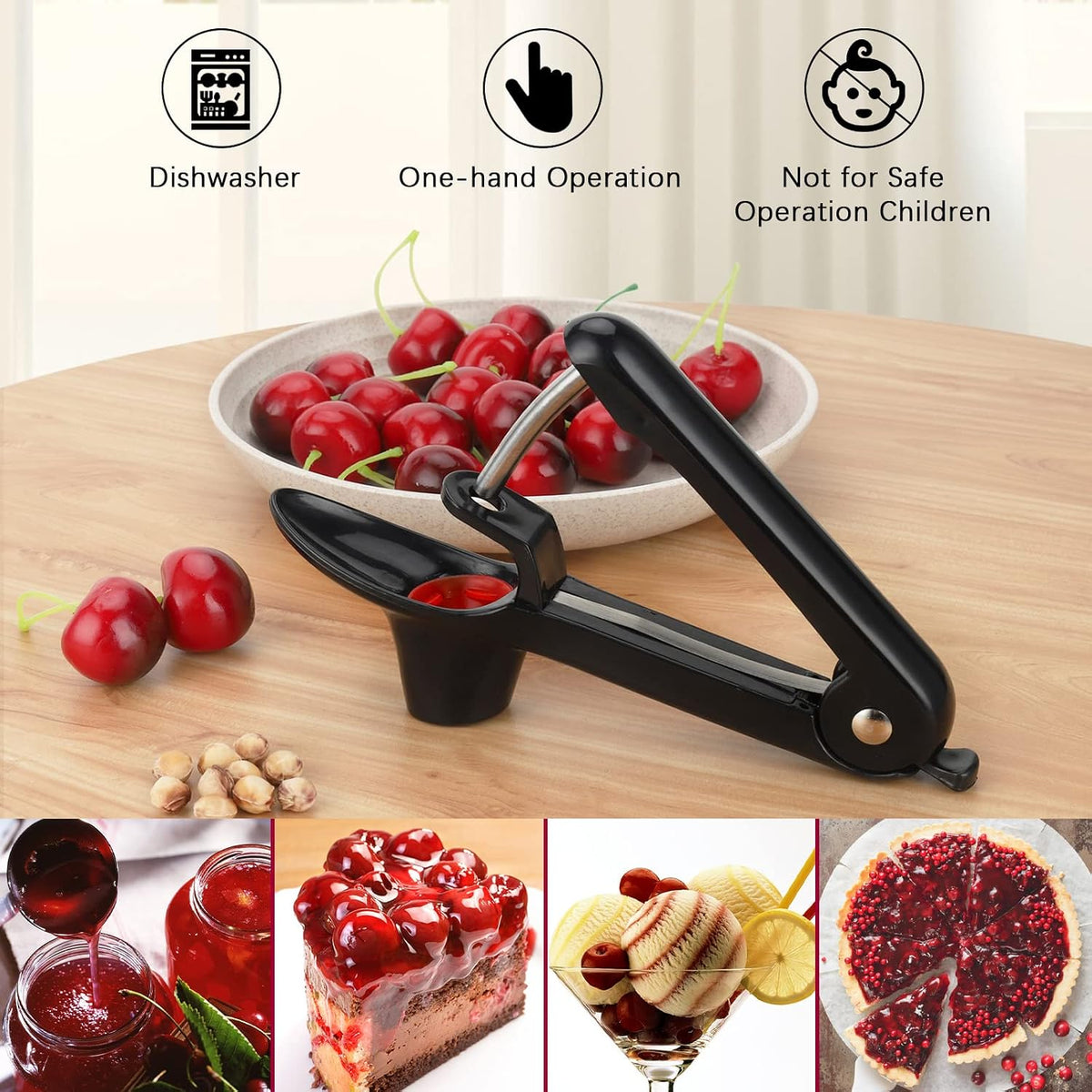 Cherry Pitter, Heavy-Duty Olive and Cherry Pitters Corer Tool with Space-Saving Lock Design, Multi-Function Cherries Stoner Seed Remover Tool for Making Cherry Jam (Black)