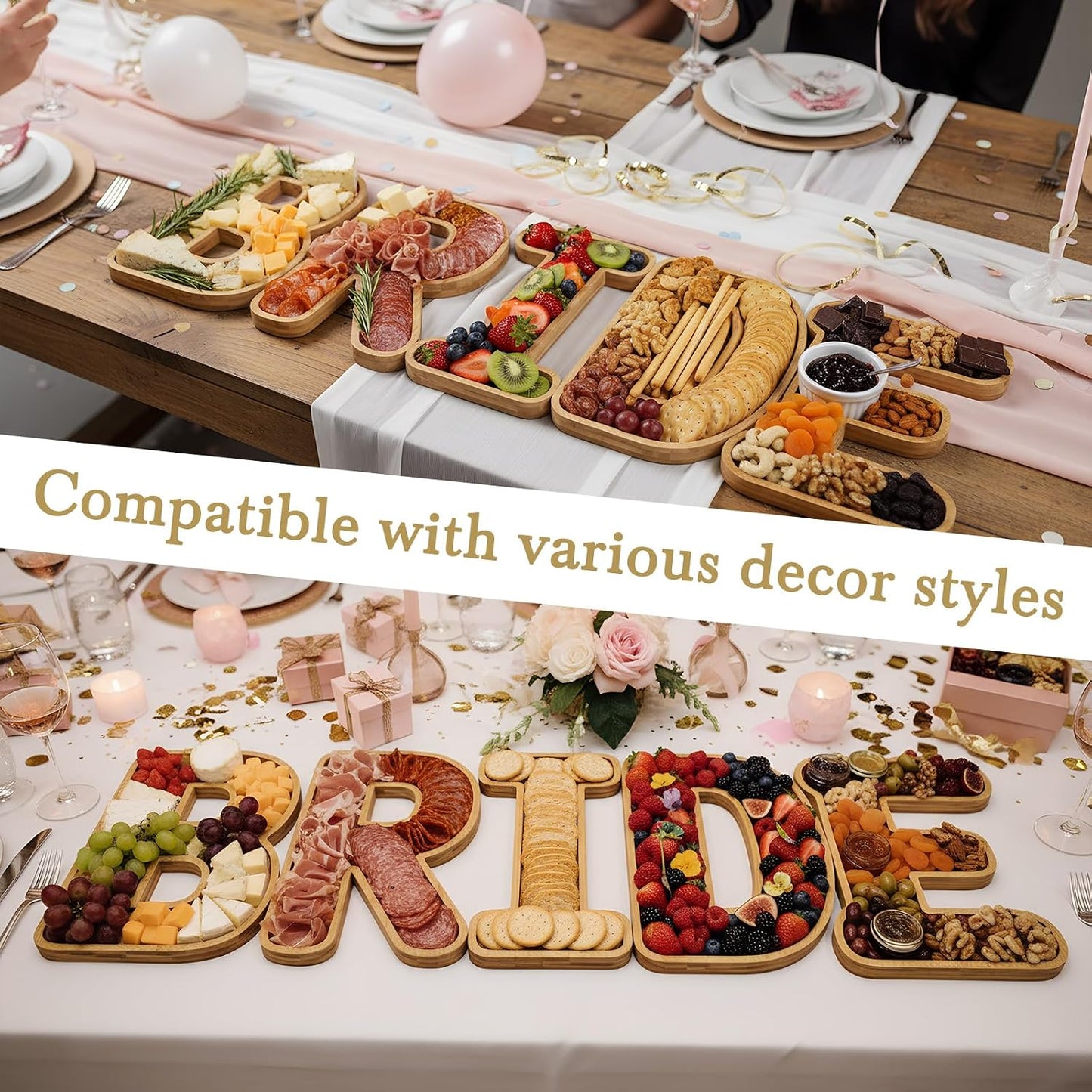 5 Pcs Bride Bamboo Serving Trays Set 11'' Wooden Fillable Charcuterie Letters Board Smooth Finish Snack Plates Candy Fruit Cookie Platter Cookware for Wedding Bachelorette Party Supplies
