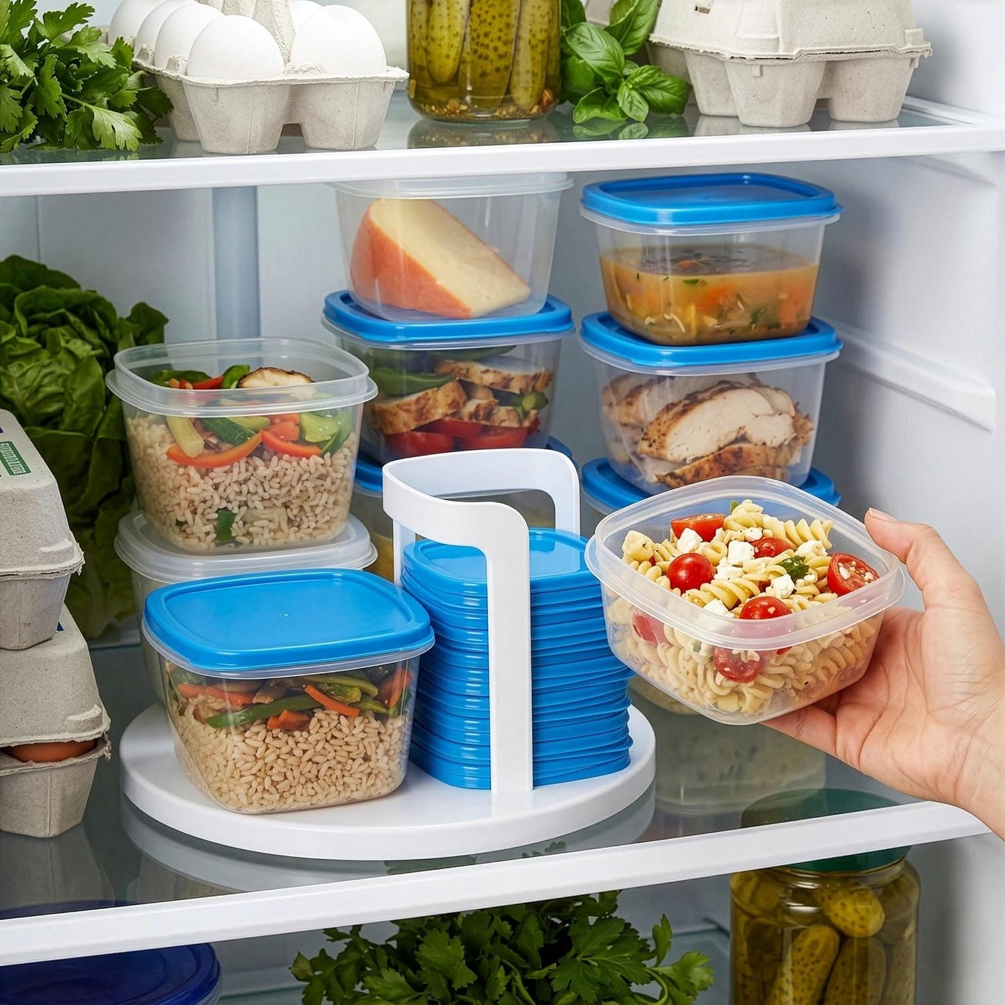 49 Piece Kitchen Containers Storage Set - 24oz, 16oz, and 8oz Plastic Food Storage Containers with Lids and Spinning Carousel for Kitchen Storage Organization, Meal Prep, or Leftovers by Chef Buddy