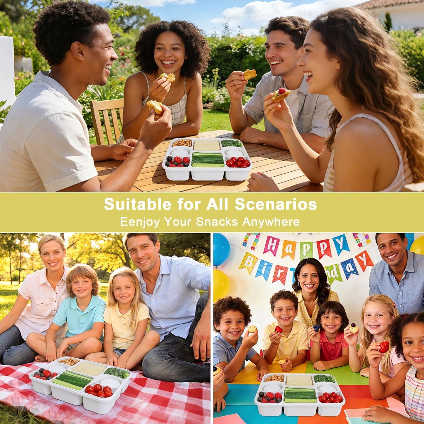 Large Snackle Box Container with 2 Sauce Cups, 8-Compartment Divided Serving Tray with Lid & Handle, Portable Snack Tray for Travel Picnic, Leak-Proof, Dishwasher Safe, BPA-Free