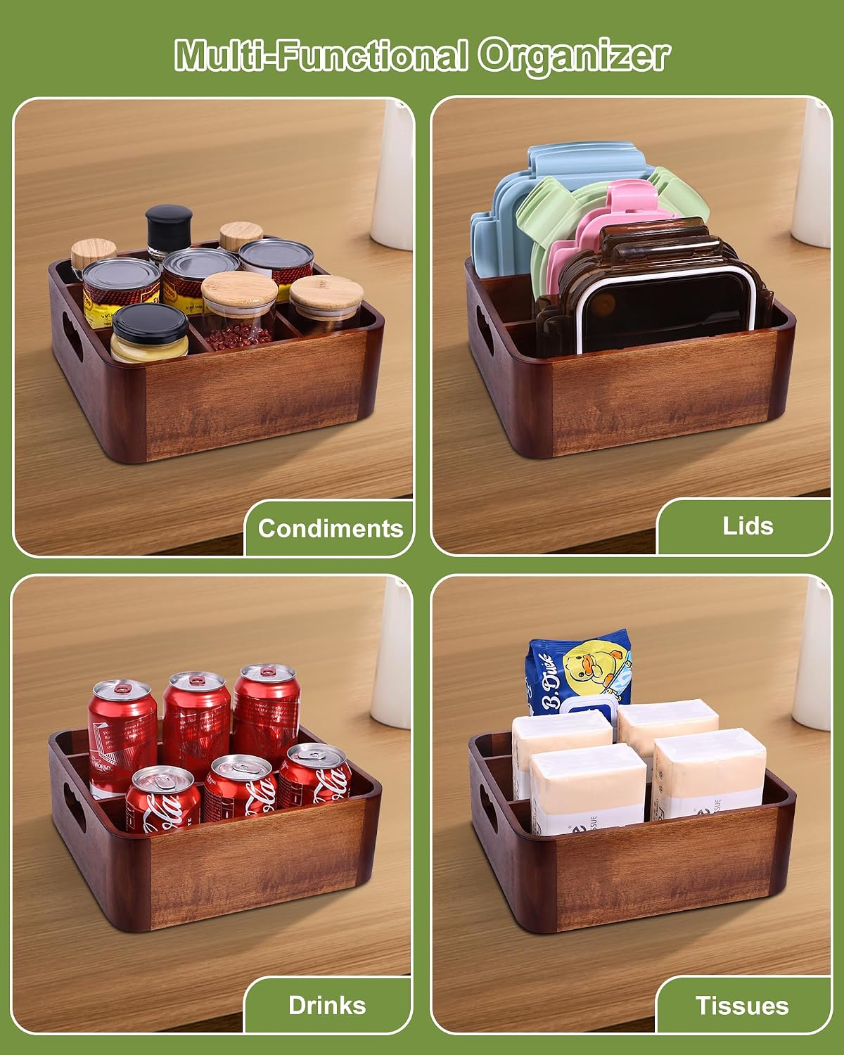 Acacia Wood Utensil Holder, Silverware Organizer Caddy with 4 Anti-Slip Pads, 5 Removable Dividers Utensil Organizer for Kitchen Counter, Party, and Picnic