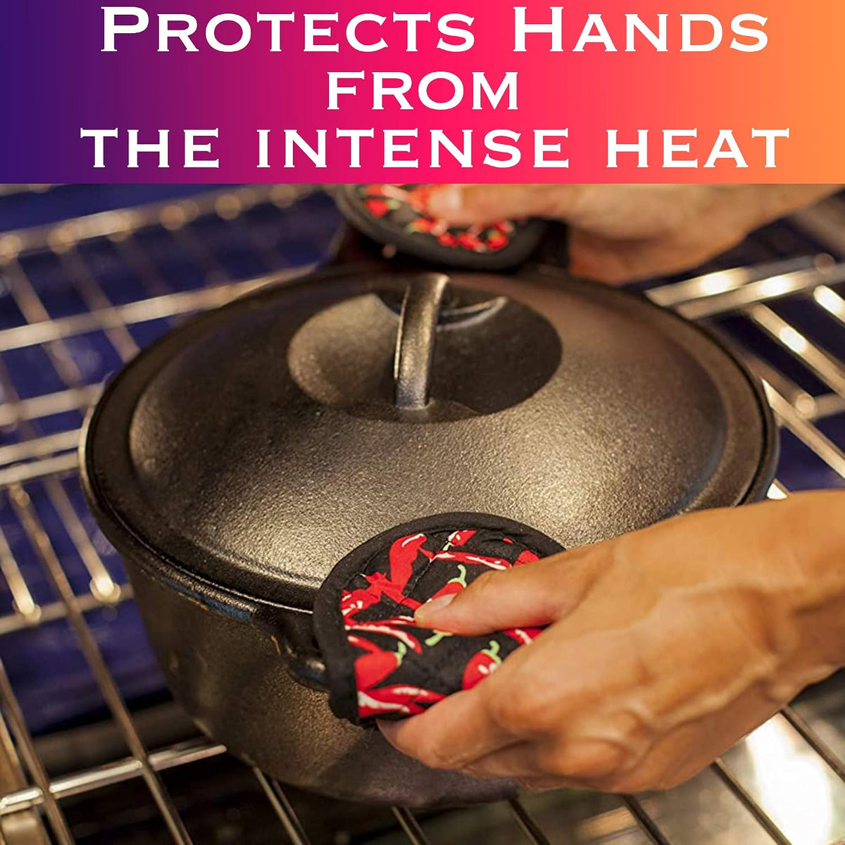 Cast Iron Skillet Pan Pot Holder Covers Mitts Black Non-Slip Washable Sleeves for BBQ Baking Kitchen Cotton Commercial Grade (Chili, 10)