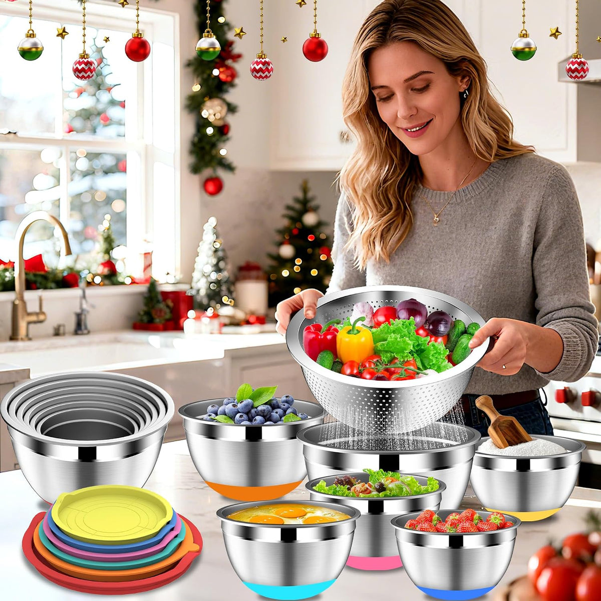 DUTZUN Mixing Bowls with Lids Set - 16pcs Stainless Steel Mixing Bowl Set with Colander, 3 Grater Attachments, Non-Slip Bottom, Metal Nesting Bowls with Strainer for Mixing & Serving - Black