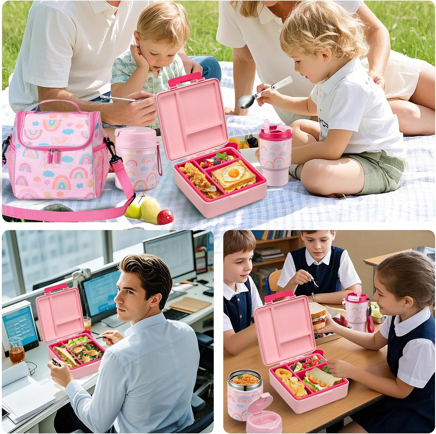 Bento Lunch Box for Kids with 17oz Soup Thermo,Insulated Tumbler Water Bottle and Insulated Lunch Bag,Leak-Proof 3 Compartment Lunch Food Container with Ice Pack for Kids to School-Horse
