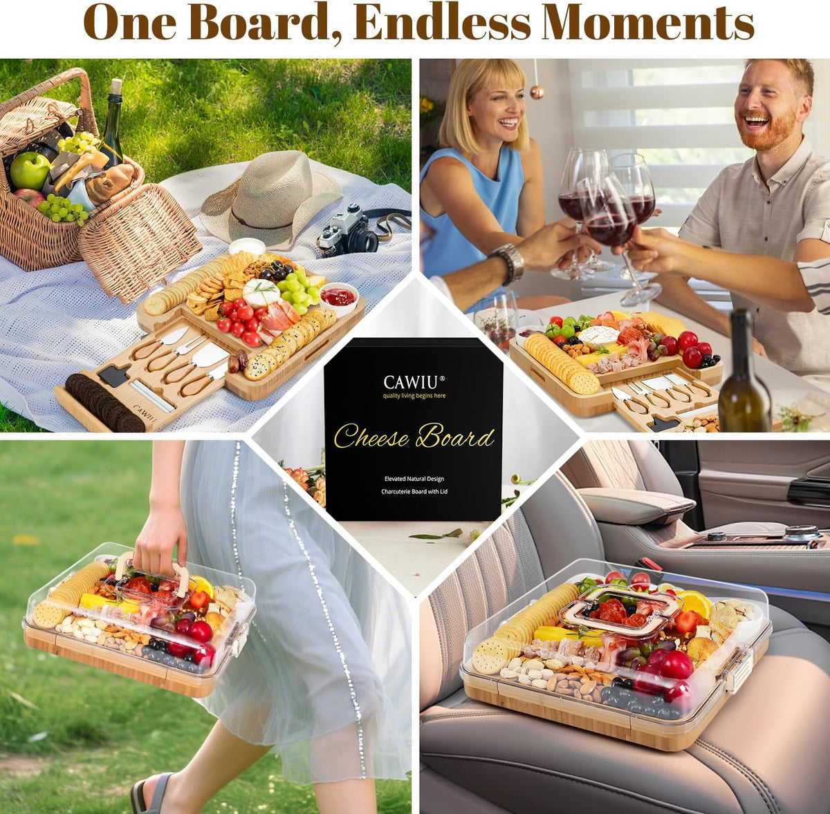 CAWIU Bamboo Charcuterie Board Set with Lid, Drawer and Fruit Tray, Black
