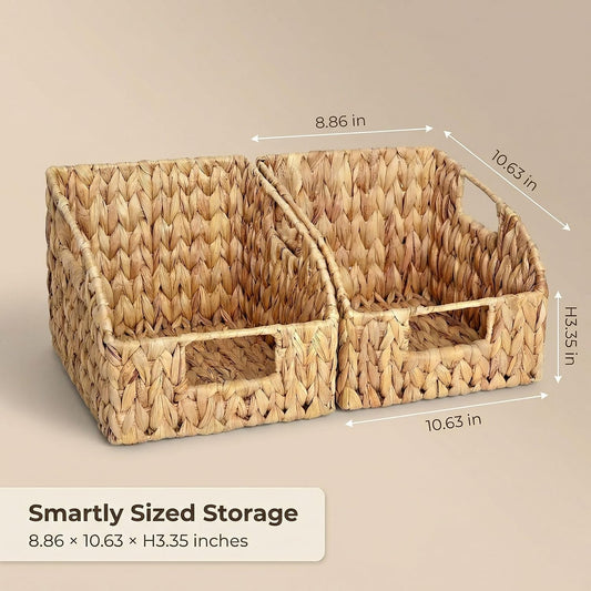 DEILSY™ Water Hyacinth Storage Baskets with Built-in Handles – Handwoven Wicker Pantry Baskets for Shelves, Closet & Kitchen Organization, Eco-Friendly, 2 Pack