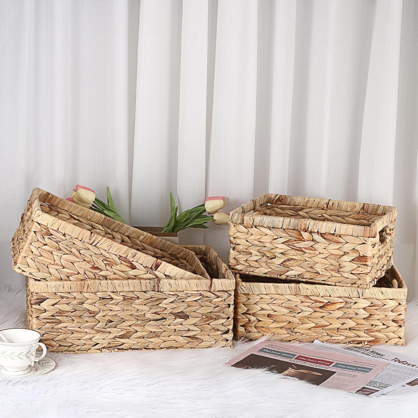 Hipiwe Wicker Basket Water Hyacinth Baskets Rectangular Decorative Baskets Bin for Shelf Organizing, Handwoven Storage Basket Bins with Built-in Handles,15.9"x12"x5.9"