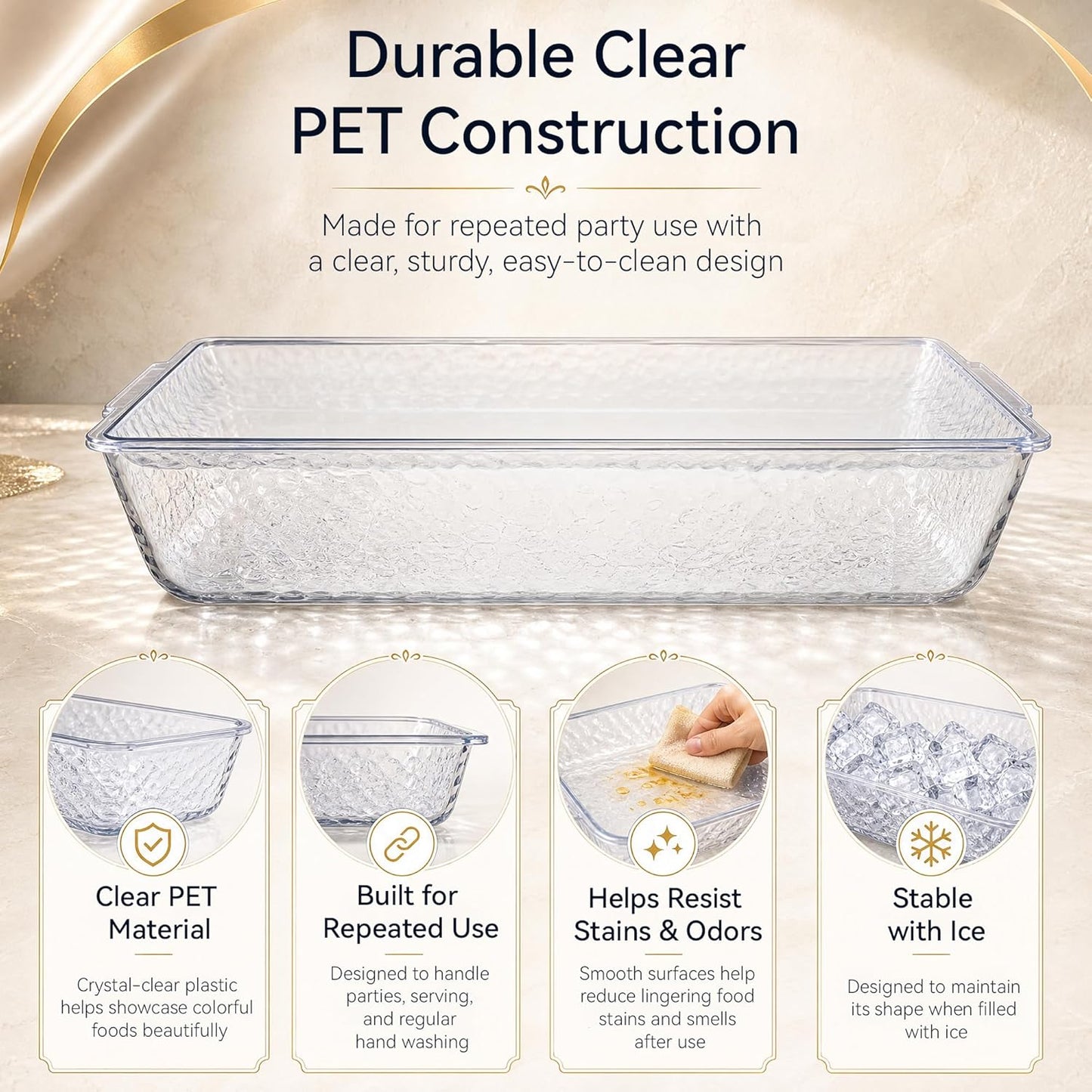 2 Pack Chilled Serving Tray with Ice Chamber, Clear PET Appetizer Platter Set with Stainless Steel Tongs, Fruit Forks & Ice Scoop, Cold Food Tray for Seafood, Fruit, BBQ & Pool Parties