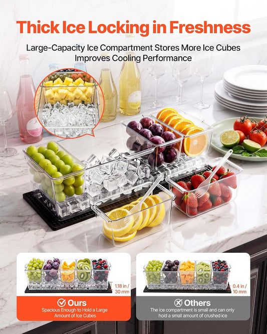 VEVOR Chilled Condiment Server Caddy, 5 Compartment Ice Cooled Serving Container, Plastic Fruit Garnish Tray Platter with Lid, for Taco Salad Bar Accessories, Party Home Restaurant Supplies