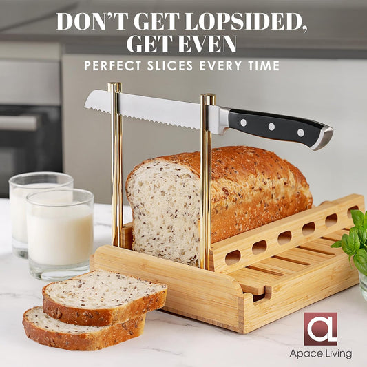 DITTO 2.0 Bamboo Bread Slicer for Homemade Bread - 6.5" Wide Adjustable Bread Slicer Guide Cuts Even Slices, 4 Thickness Options - Works with Buns, Bagels - Incl Crumb Tray