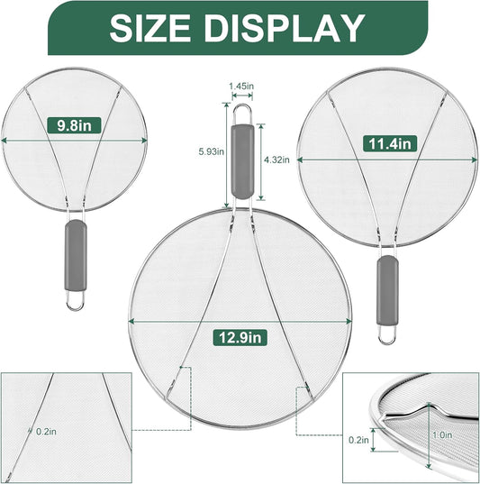 Stainless Steel Splatter Screen for Frying Pan - 9.8" 11.4" 13" Ultra Fine Mesh Grease Splatter Guard, Hot Oil Splatter Guard Shield Grease for Cooking, Kitchen Splash Guard to Prevent Oil Splatter