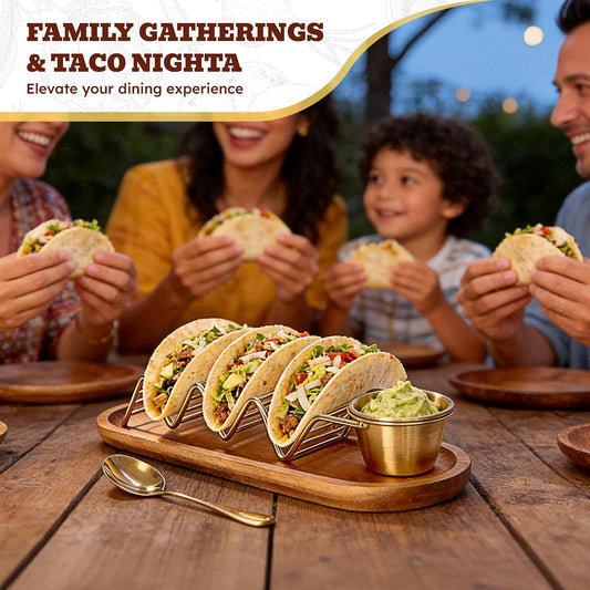 Wood Taco Serving Tray Set with Stainless Steel Taco Holder (Holds 3 Tacos), Sauce Cup & Spoon, Taco Plate for Kitchen, Taco Night, Parties and Family Dinners