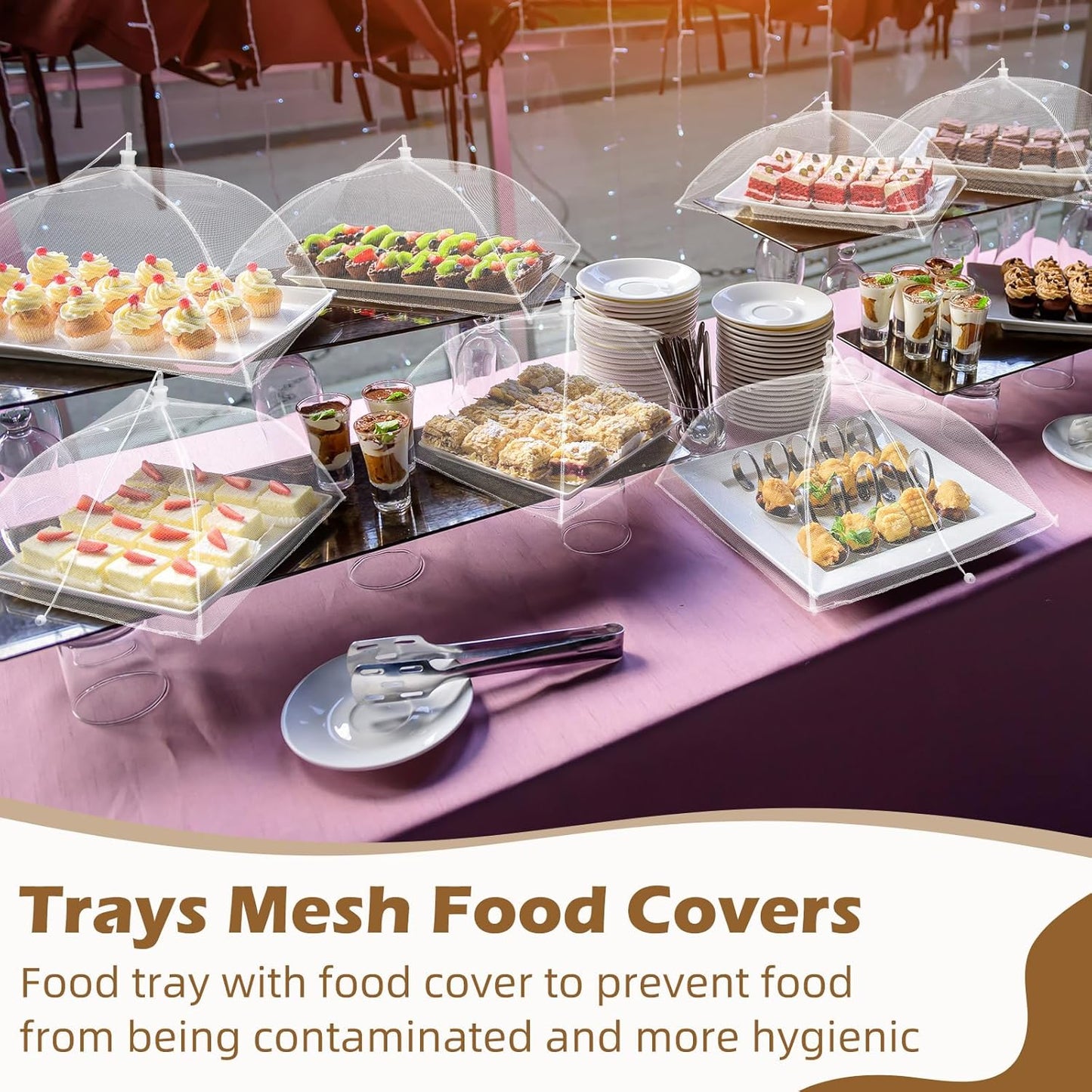 Baderke 8 Pack Plastic Serving Trays with Food Covers 15" x 11" Reusable Serving Platters 16" x 12" Foldable Mesh Food Tents Christmas Party Supplies Set for Outdoor Picnics Bar Fruit Cookies Dessert