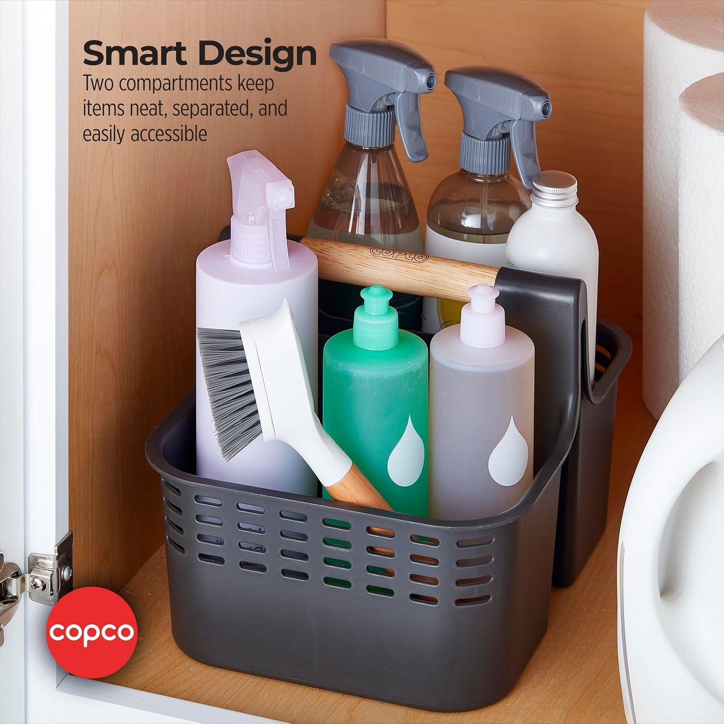 Copco Basics Bathroom and Shower Caddy with Wooden Handle - Charcoal Gray, Dual Compartment Organizer with Ventilation Holes, Portable Tote for Dorm, Home, and Travel Toiletries