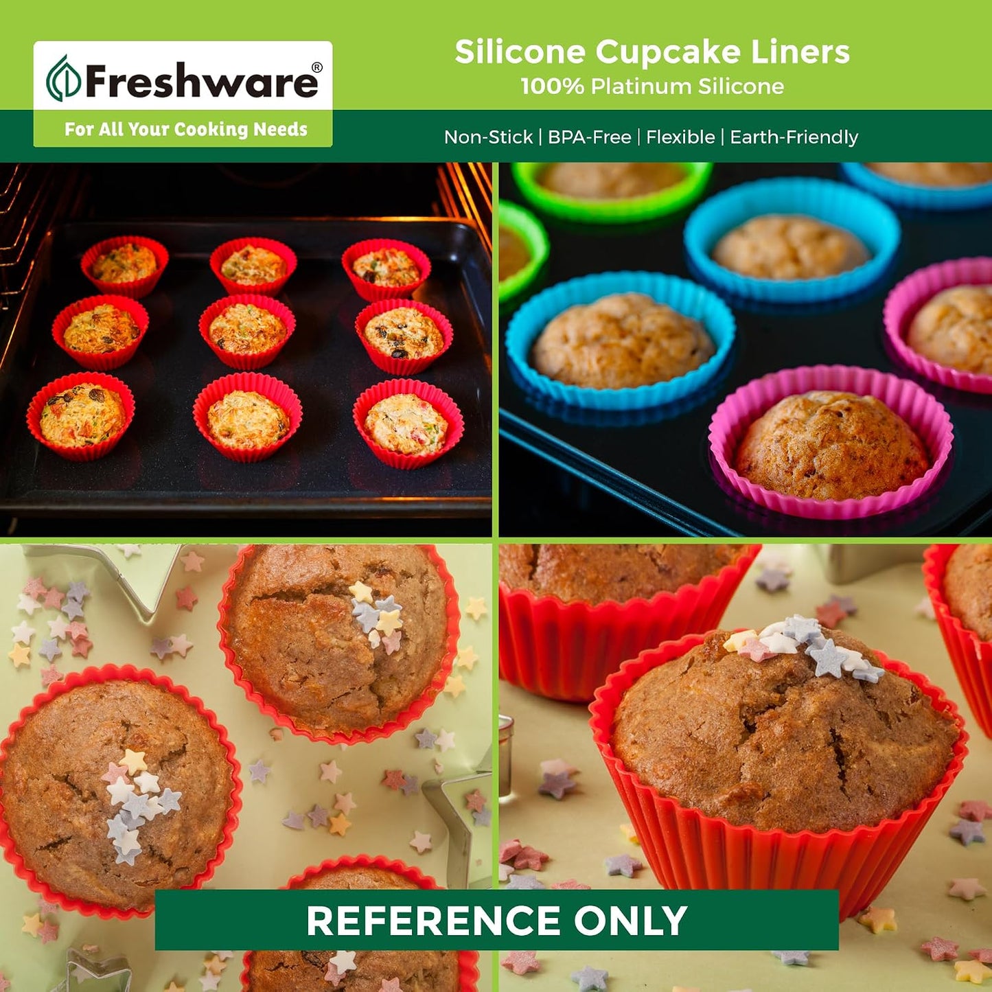 Freshware Cupcake Liners, Pack of 12 Silicone Muffin Cups, Baking Cups, Reusable & Non-stick Cupcake Liners for Party Halloween Christmas, Large Round