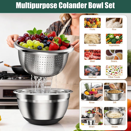 Stainless Steel Mixing Bowls Set with Lids & Silicone Base,7‑Piece Set