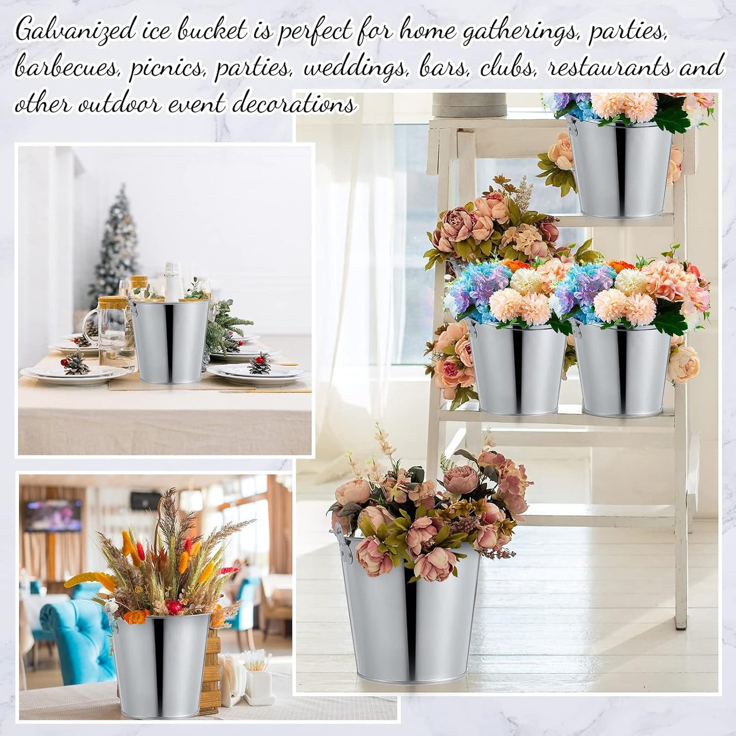 Mumufy 12 Pcs 10l Large Metal Beer Bucket Set, 8 Galvanized Metal Ice Bucket with 2 Ice Shovels and 2 Tongs, Sliver Tin with Handle for Summer Pool Wedding Party Supplies Wine Champagne Bar