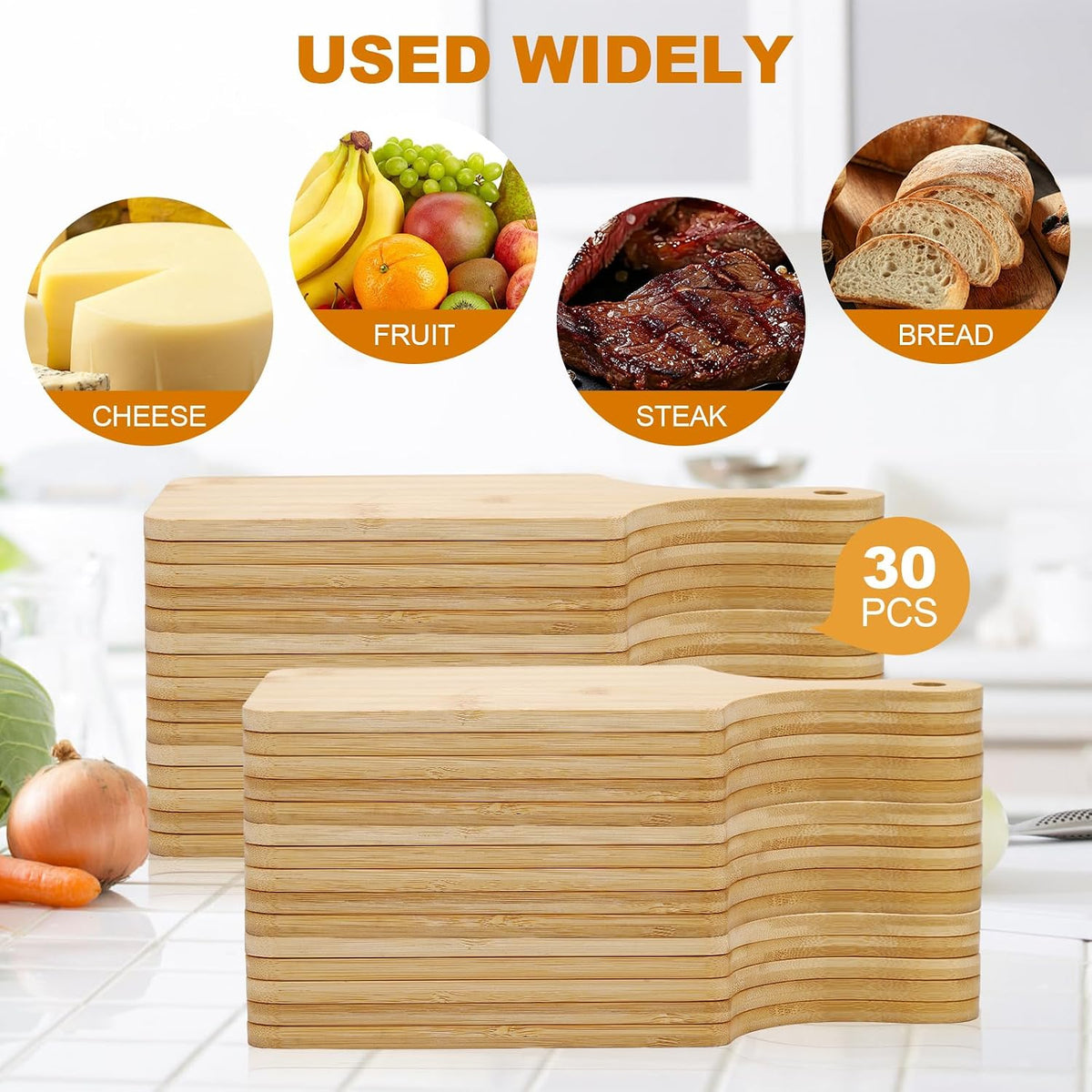 30 Pcs Wood Cutting Board Bulk with Handle 11" x 5" Mini Cutting Boards Bulk Mini Charcuterie Boards Bulk Laser Engraving Serving Tray Bulk for DIY Wedding Housewarming Gift Cooking Decor (Bamboo)