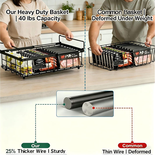 Freezer Organizer Bins 6 Pack: Wire Basket Stackable Storage Containers Expandable 11.81" to 17.72" with Foldable Handles for 5+ Cu.FT Fridge Cabinet Shelves Pantry Kitchen White