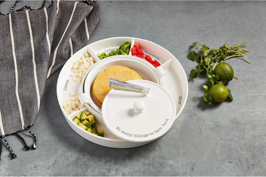Mud Pie Taco Bar And Tortilla Warmer, 2" x 15" dia | tongs 7", White