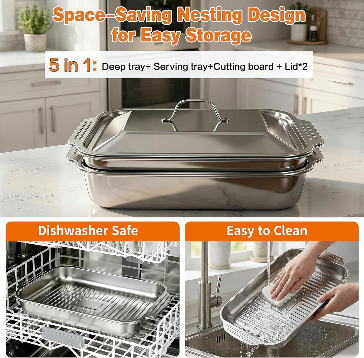 Grilling Prep and Serve Trays,Stainless Steel Large Capacity Food Prep Trays, Grill Carry System with Lid and Cutting Board, Marinade Container for Outdoor BBQ Grill Accessories, Camping Gifts for Men