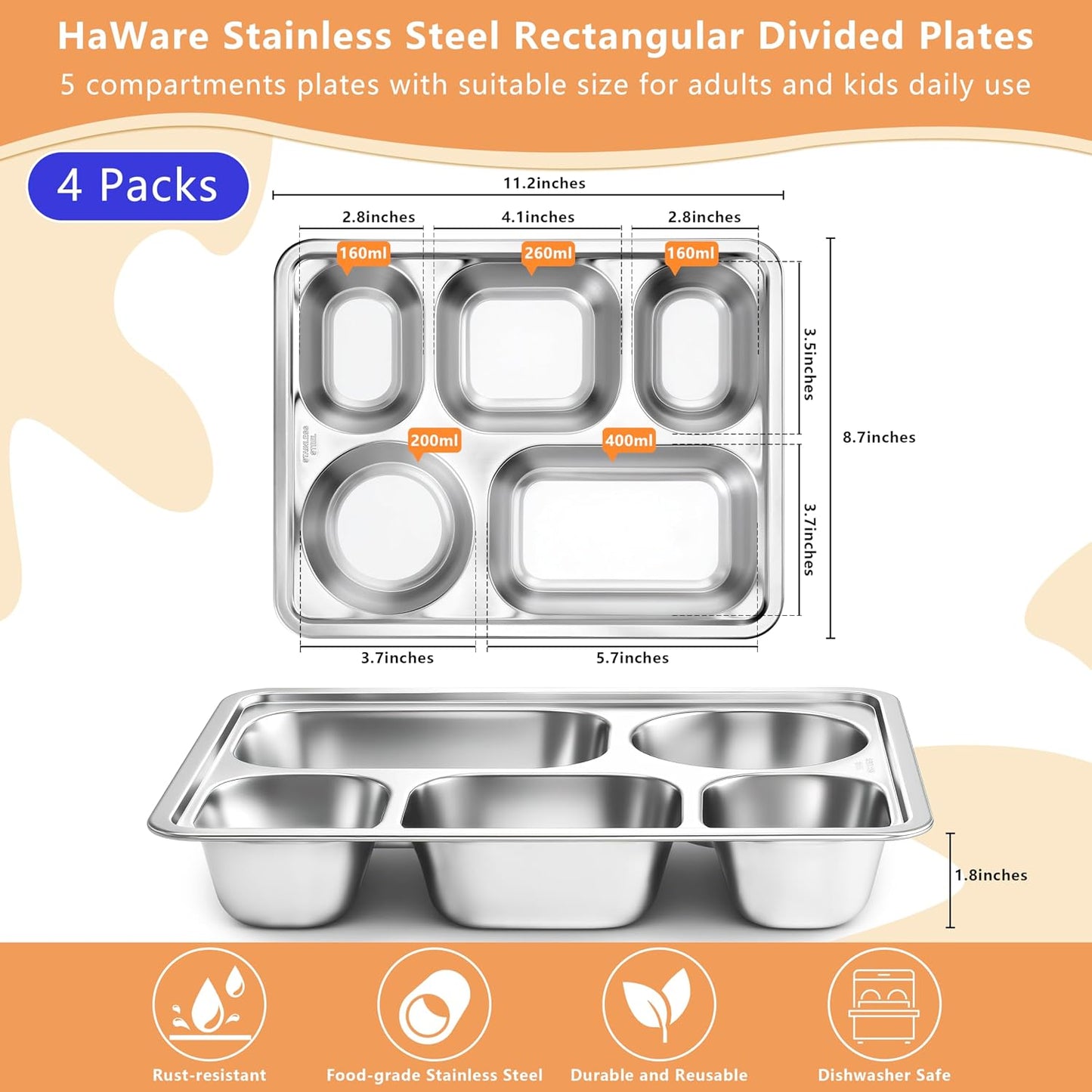 HaWare Toddler Stainless Steel Divided Plates Tray with 5-Compartment, Kids Adults Control Dinner Plates for Lunch Camping Dinner, Stackable Reusable Serving Platter, 2-Pack