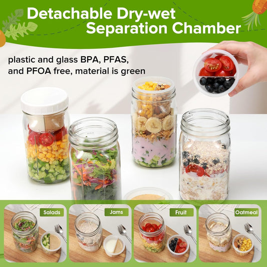 4 Pack Glass Salad Mason Jars with Lids Meal Prep-32 oz Mason Jars Wide Mouth Salad Container for Lunch With Long Sporks-Leak-proof & Separate Compartments for Dressing and Dry Ingredients