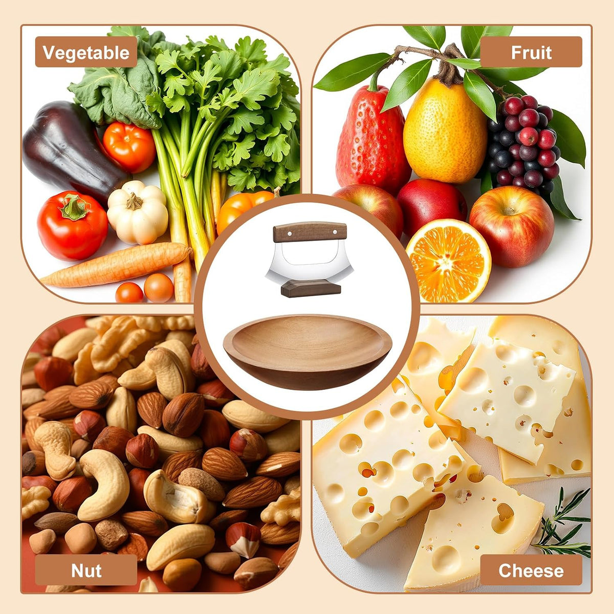 9 Inch Walnut Chopping Bowl and Mezzaluna Knife Set Solid Wood Salad Bowl for Chopping Walnut Herbs Spices Vegetables Eggs Chicken (Round Style)