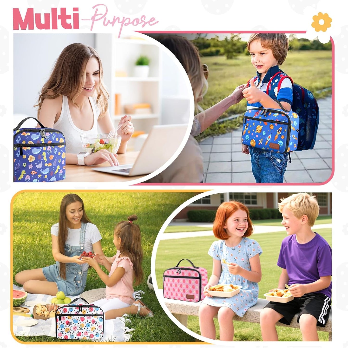Lunch Box Kids, Lunch Bags for Women Men, Insulated Cooler Reusable Cute Lunch Containers for Boy & Girls, Adults Leak Proof Large Lunch Tote Bags for School, Work, Travel, Picnic Outdoor and Beach