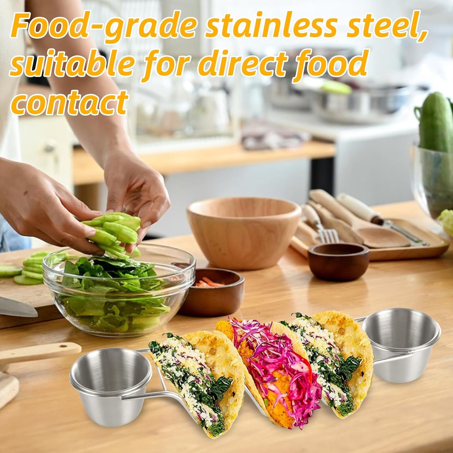 Stainless Steel Taco Holder 4 Packs Grill & Oven Safe Taco Holders with 2 Sauce Cups and Spoon Each Metal Taco Stands for 3 Tacos Taco Shell Stands for Taco Bar Gifts & Accessories