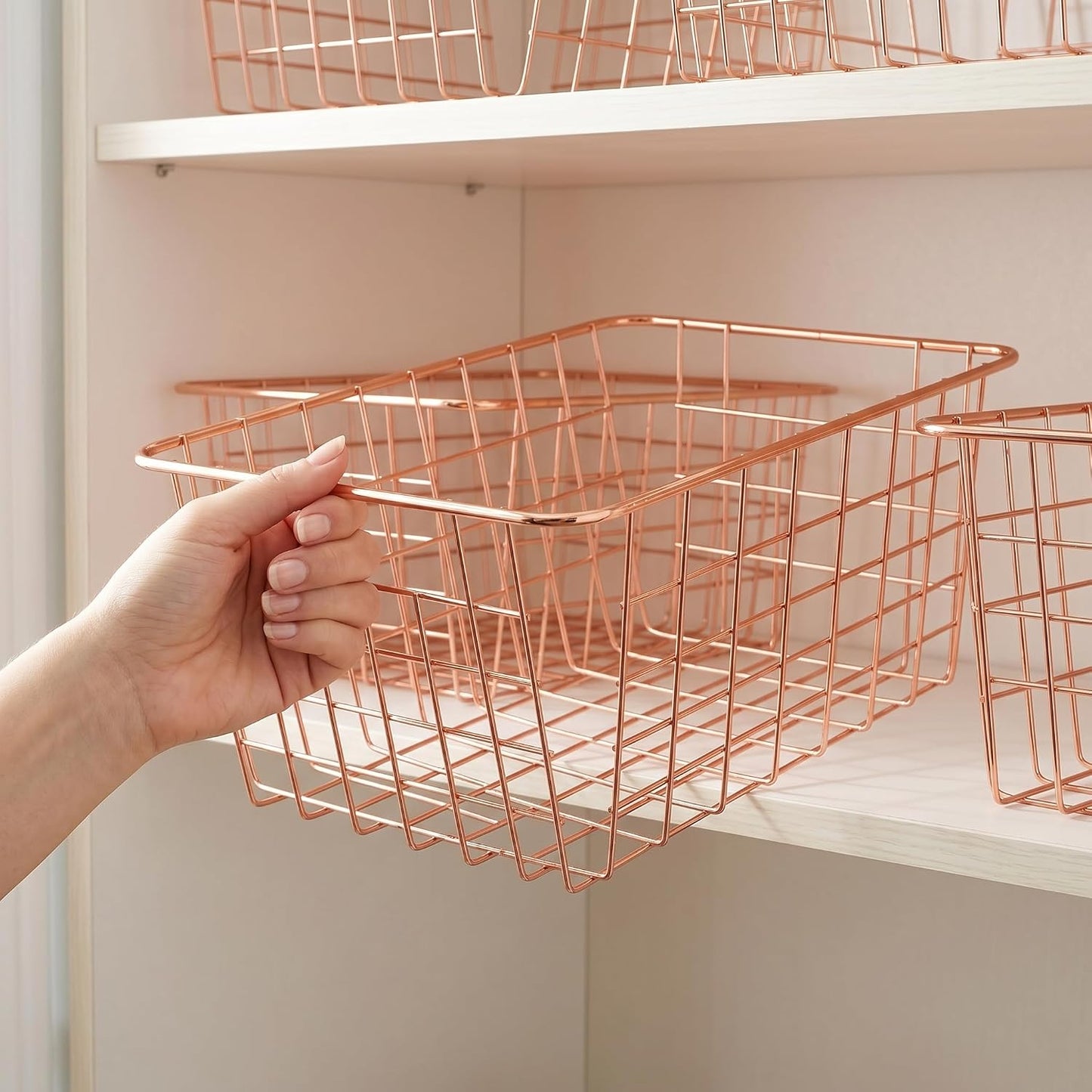 Jucoan 4 Pack Metal Wire Storage Baskets, Rose Gold Wire Baskets with Handles, Pantry Organizer Storage Bins for Kitchen, Freezer, Closet, Laundry Room, Cabinets