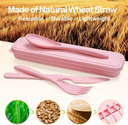 Reusable Travel Utensils Set with Case, 2 Sets Wheat Straw Portable Plastic Fork Spoons Knife Camping Cutlery, Eco-Friendly BPA Free Lunch Tableware for Kids Adults Travel Picnic Utensils