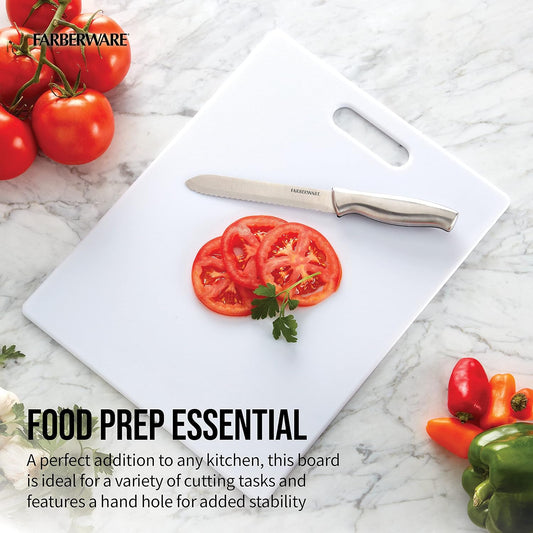 FARBERWARE Large Cutting Board, Dishwasher- Safe Plastic Chopping Board for Kitchen with Easy Grip Handle, 11in by 14in, White