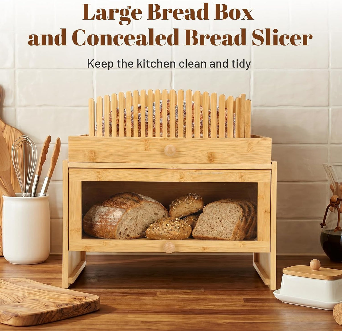 3in1 Bread Box for Kitchen Countertopm with Bread Slicer Bread Serving Tray