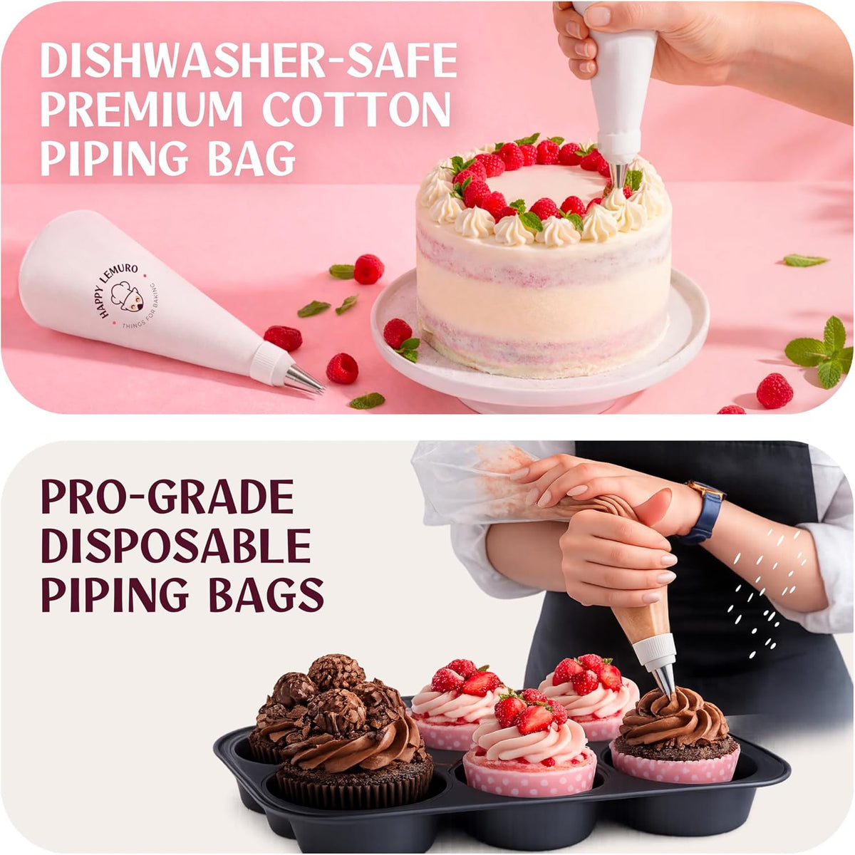 Premium Reusable Piping Bags and Tips Set - Cotton Pastry Bag 16" with 8 Large Icing Tips for Cake Decorating - Large Piping Tips Set - Dishwasher Safe