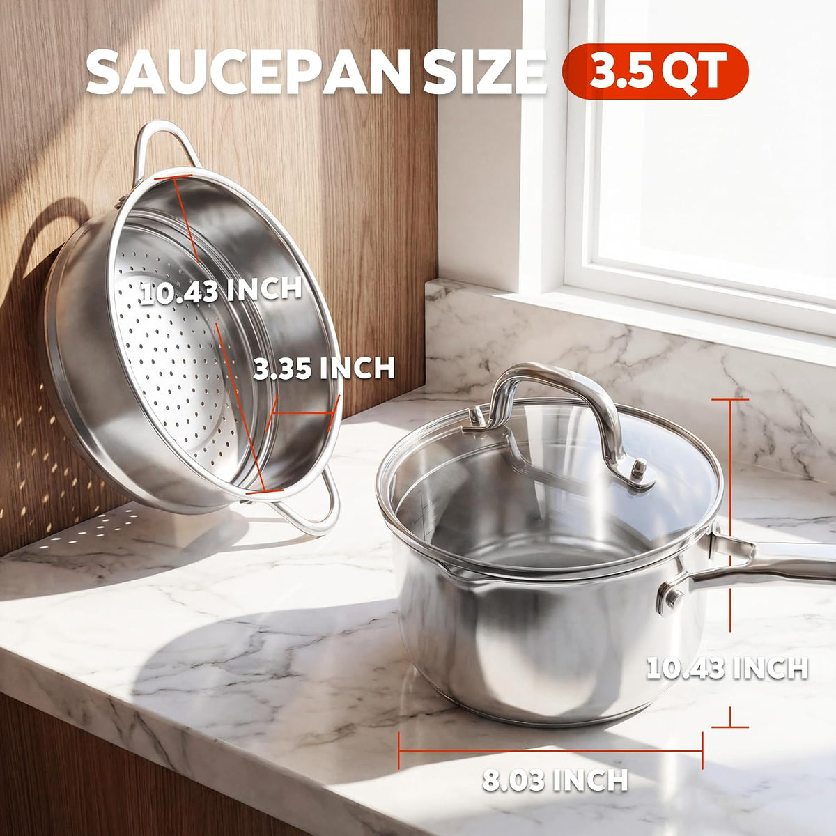 2.5 QT Tri-Ply Stainless Steel Saucepan, Steamer pot for cooking