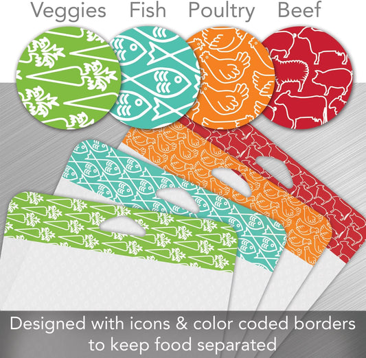 Cut N' Funnel Non-Slip Flexible Plastic Cutting Board Mat 4 Pack, Made in the USA Clear with Brightly Patterned Food Type Borders BPA Free 16" by 12"