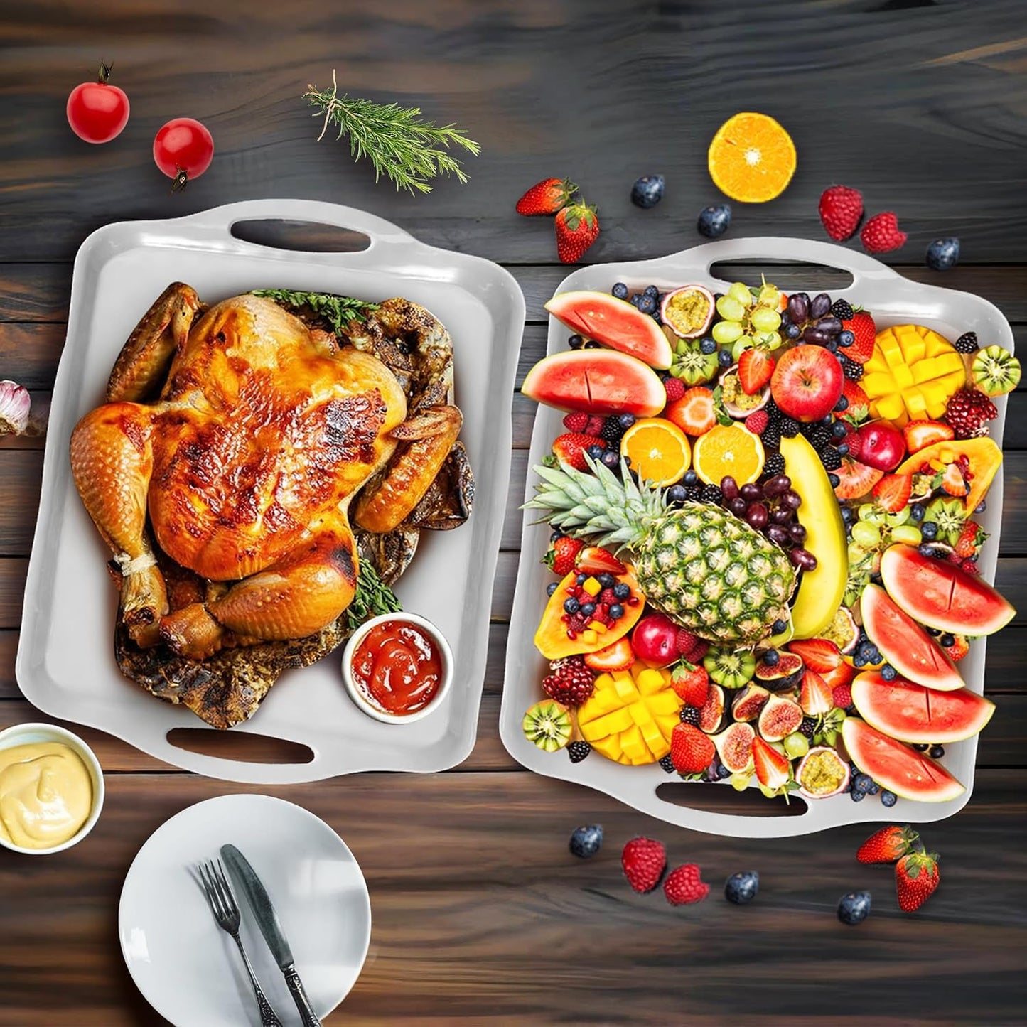 LEHAHA Grilling Prep Trays, Melamine BBQ Prep and Serving Platters and Tray for Outdoor Entertaining, Large Food Serving Trays, Set of 2, 17.2" x 10.5",Great for Grilling Lovers,Black and Red