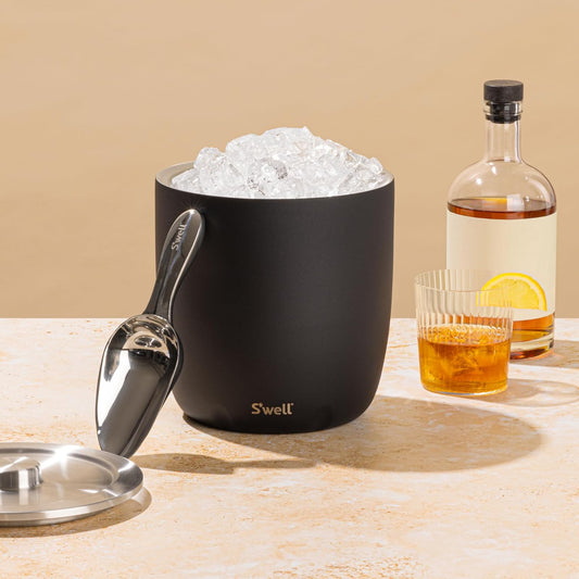 S'well Stainless Steel Ice Bucket XL, 100oz, Teakwood, Includes Lid And Scoop, Triple Layered Vacuum Insulated Container Keeps Ice Colder for Longer, BPA Free Barware